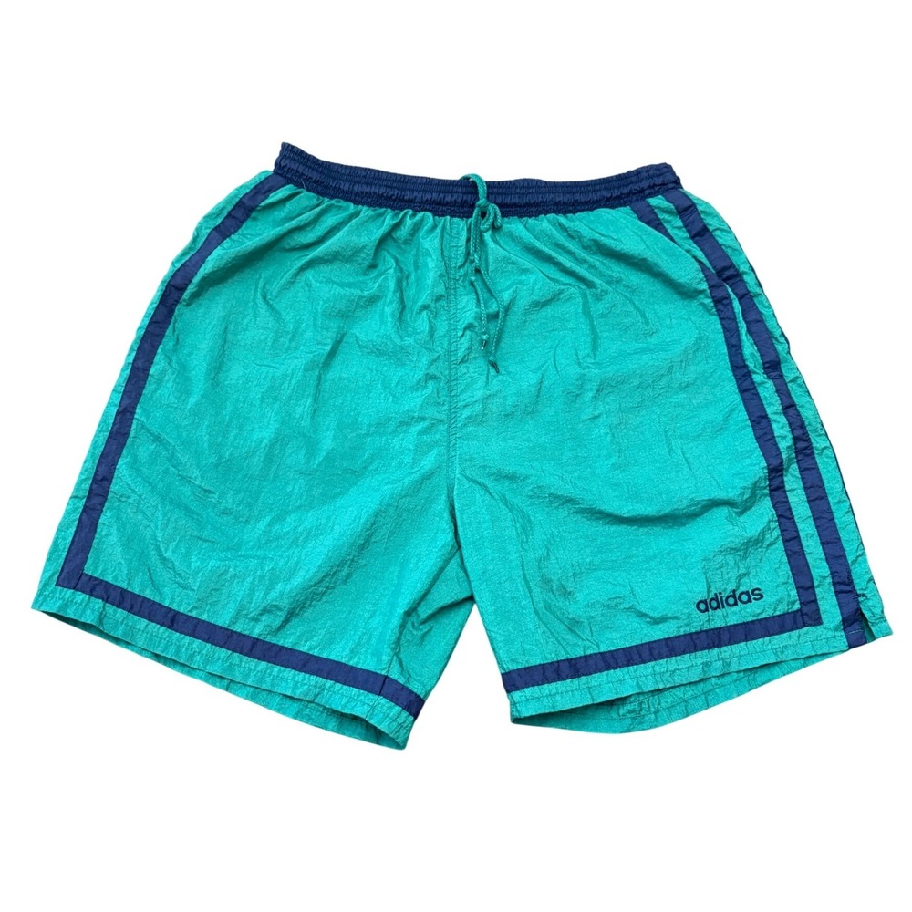 Adidas Vintage 1990's Nylon Athletic Shorts Mens Large Teal Green Navy Trefoil